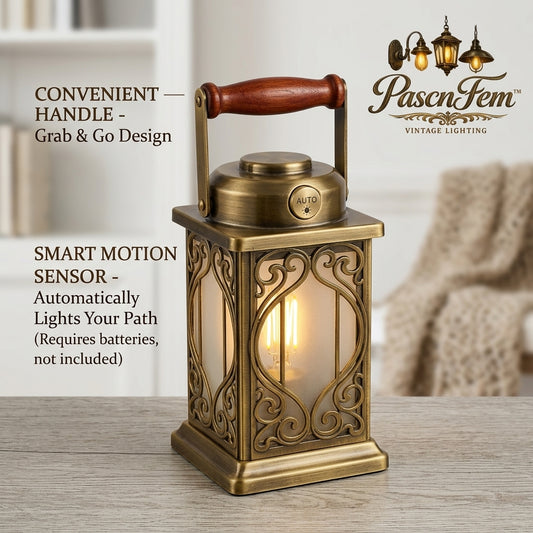 PascnFem™ Vintage Motion Sensor Lantern - Battery Operated Decorative Table Lamp with Wooden Handle, Cordless Antique Brass Night Light for Hallway, Stairs, Bedside & Cozy Home Decor