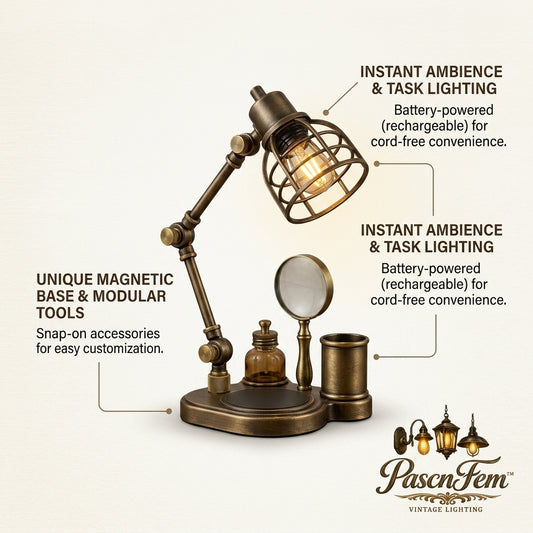 PascnFem™ Vintage Cordless Desk Lamp - Industrial Steampunk Rechargeable LED Table Lamp with Unique Magnetic Base & Modular Organizer Tools (Magnifying Glass, Pen Holder), Antique Brass Task Light for Home Office, Study, Bedside