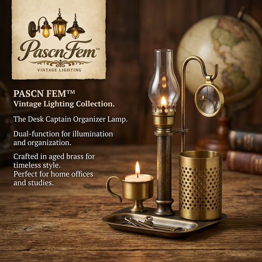 PascnFem™ Vintage Brass Desk Organizer Lamp | Antique Desktop Station with Magnifying Glass, Perforated Pen Holder, Tea-light Candle Cup & Valet Tray for Home Office, Library, Study & Retro Decor