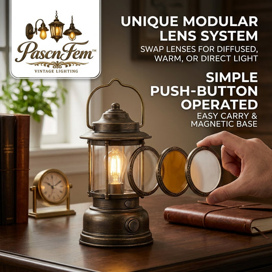 PascnFem™ Vintage LED Lantern with Unique Modular Lens System – Antique Brass Decorative Table Lamp, Magnetic Base & Easy-Carry Handle, 3 Light Modes (Warm, Diffused, Direct) for Home, Patio & Camping