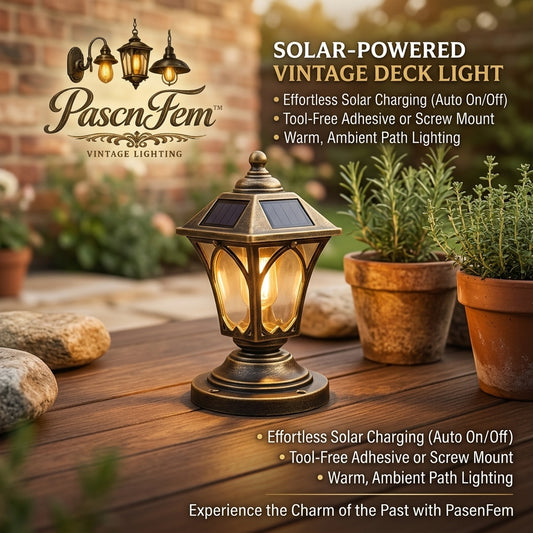 PascnFem™ Vintage Solar Deck Lights Outdoor - Waterproof Solar Post Lantern for Pathway, Garden, Patio & Yard, Warm Ambient LED Landscape Lighting with Dusk-to-Dawn Auto On/Off, Tool-Free Adhesive or Screw Mount
