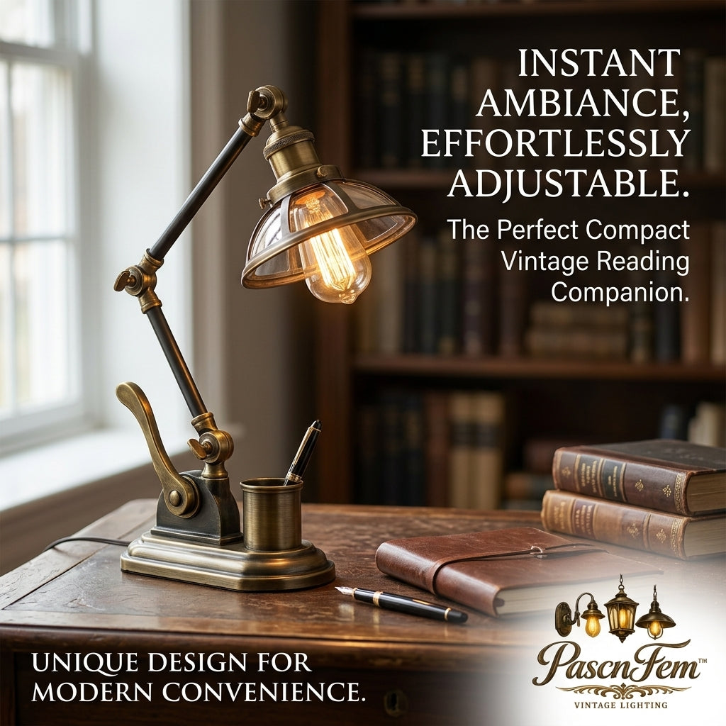 PascnFem™ Vintage Industrial Desk Lamp with Built-in Pen Holder | Adjustable Antique Brass Table Lamp, Retro Steampunk Task Light for Home Office, Study, Library & Bedside, Warm Ambient Reading Lamp with Glass Shade