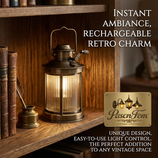 PascnFem™ Vintage Rechargeable Lantern Lamp - Retro Cordless Table Light with Crank Dimmer, Antique Brass Metal & Ribbed Glass, Decorative Portable Nightlight for Home Decor, Bookshelf, Bedroom, Cozy Ambiance