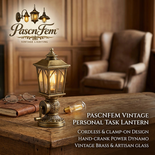 PascnFem™ Vintage Hand-Crank LED Task Lantern – Cordless Portable Table Lamp with Clamp-On Design | Antique Brass & Artisan Glass Retro Desk Light | Eco-Friendly Dynamo Power for Reading, Dark Academia Decor, Study & Emergency