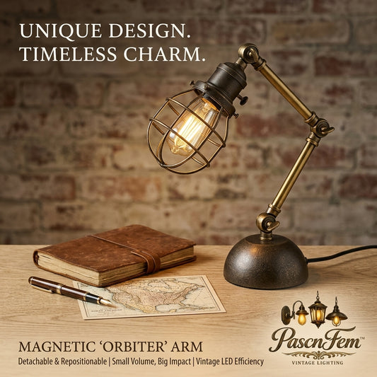 PascnFem™ Vintage Industrial Desk Lamp - Magnetic 'Orbiter' Adjustable Arm Table Lamp, Rustic Metal Cage Task Light with Edison LED Bulb, Antique Brass Finish for Home Office, Study, Bedside Reading